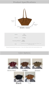 Spécifications de taille et comparatif couleurs du grand sac cabas en daim PU