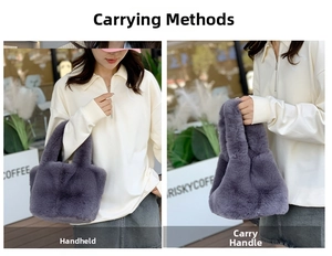 Detail view of deep purple plush handbag showing handheld and wrist-carry styles