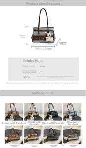 Detailed view of PU leather tote bag specifications including dimensions and bear pendant