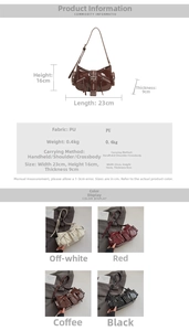 Size chart showing PU leather shoulder bag dimensions with color options and specifications
