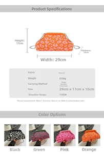 Especificaciones de tamaño y opciones de color para el bolso bandolera con estampado de leopardo
