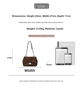 Detailed size chart for leopard print crossbody bag with dimensions and capacity guide