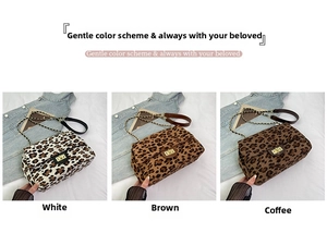 Detailed comparison of leopard print crossbody bags in white, brown and coffee brown colors