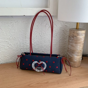 Borsa da Ascella Dolce con Fiocco da Donna Pois Pelle PU Tela Borsa a Spalla Decorazione Cuore Pizzo Borsa Retro Moda Quotidiana