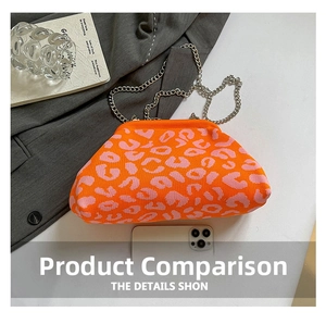 Detalle del bolso nube de cadena de punto con estampado de leopardo naranja y rosa con móvil de referencia