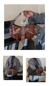 Detailed view of brown glossy PU leather bag with metal buckles and zipper accents