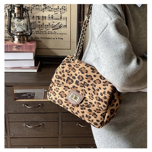 Detail of leopard print crossbody bag with gold twist lock and metal chain strap