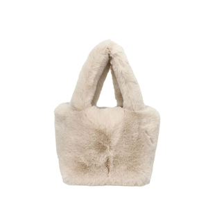 Stylish beige faux fur tote bag for women featuring a minimalist soft plush square design