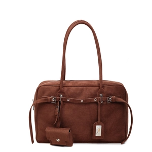 Vintage brown suede tote bag with decorative buckles and double shoulder straps