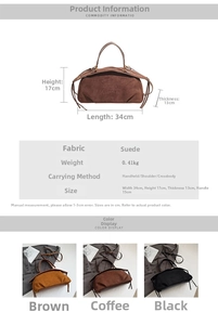 Detailed size specifications and color options for the suede leather Maillard pillow bag