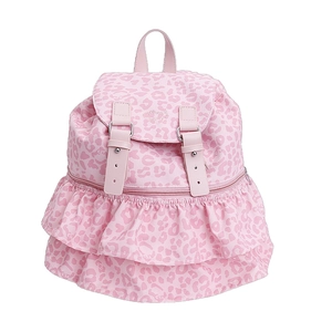 Pink polka dot leopard print school backpack with cute frill detail and flap buckles
