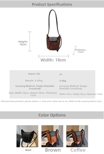 Dimensions détaillées et comparatif des couleurs du sac seau rétro en similicuir