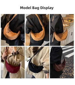 Collage of suede dumpling bags showing various colors and crossbody style for women