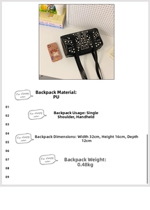 Detail view of black studded Boston bag with dimensions 32x16x12cm and silver rivets