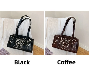 Detailed close-up of rivet studs on black and brown vintage style leather shoulder bags