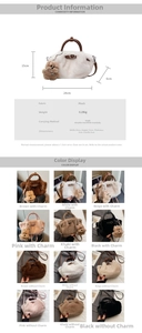 Detailed size chart for plush bucket bag with 24x15x6cm dimensions and color options