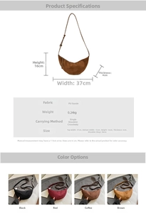 Detailed size specifications and multi-color view of minimalist crescent crossbody bag