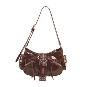 Vintage brown patent leather underarm bag with punk rivets and zipper details