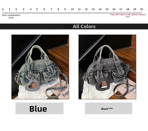 Detail view of denim bowling bags in blue and black with heart charms and straps