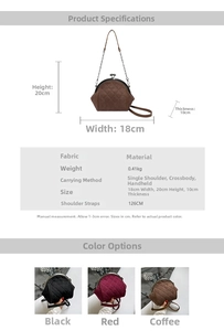 Size chart showing height 20cm width 18cm thickness 10cm for embroidered chain bag