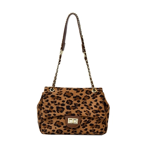 Fashionable leopard print crossbody bag with gold chain strap and metal lock closure