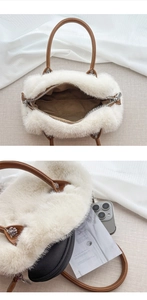 Detail view of white plush bowling bag interior capacity and soft faux fur texture