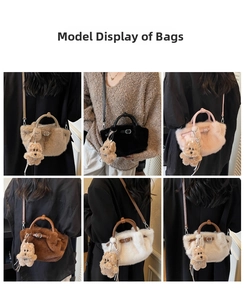 Détail de sacs seaux en peluche en six couleurs avec charms d'ours mignons