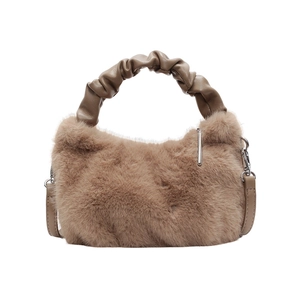 Sac à main chic en fausse fourrure kaki avec poignée en cuir froncé et bandoulière amovible