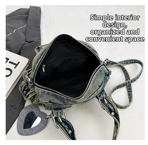 Interior view of denim shoulder bag showing spacious main compartment and zipper pocket