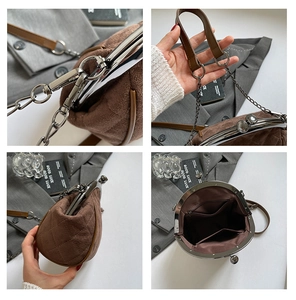 Detailed views of brown quilted faux suede shell bag featuring vintage metal clasp and chain strap