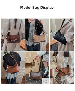 Vues détaillées du sac seau en daim pour femme avec chaîne porté par différents modèles