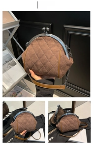 Detail of coffee brown quilted suede shell bag with vintage metal frame and chain strap