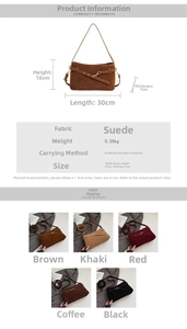 Detailed size guide and color options for the faux suede shoulder bag with buckle details