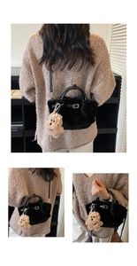 Detail view of plush bucket bag featuring leather handles and cute teddy bear charm
