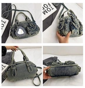 Detailed views of a blue denim handbag with pockets and a heart mirror accessory