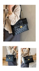 Detailed views of a black quilted shoulder bag featuring a gold metal twist lock and chain strap