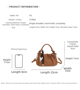 Detailed size chart for retro bucket bag with PU leather dimensions and scale comparison