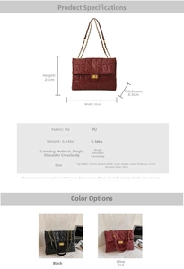 Detailed size chart and specifications for the quilted faux leather crossbody chain bag