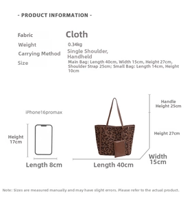 Detailed size chart for large leopard print tote bag with iPhone size comparison