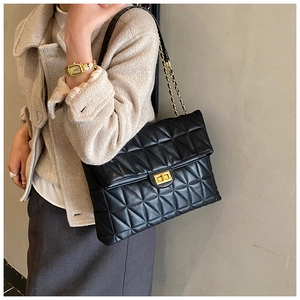 Close-up of black quilted chain shoulder bag with gold twist lock and elegant strap detail