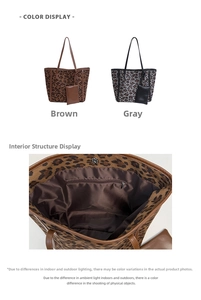 Detail view of leopard print tote bag interior pocket and matching small pouch accessory