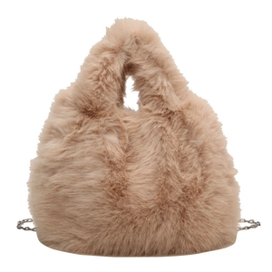 Sac à main en fausse fourrure beige avec bandoulière chaîne, sac duveteux pour l'hiver