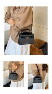 Detail of black leather handbag with a gold oval clasp and top handle for elegant styling
