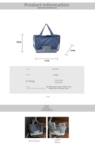Détails du sac cabas en jean avec dimensions et bandoulières réglables en patchwork