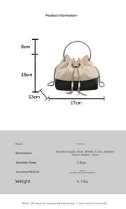 Spécifications de taille du sac seau bicolore avec bandoulière chaîne et pompons décoratifs
