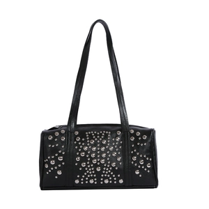 Retro black leather underarm bag with silver stud geometry pattern and long strap