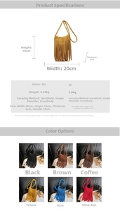 Detailed size specifications and color options for the vintage PU leather tassel bucket bag