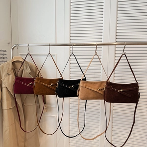 Classic frosted suede baguette shoulder bags in burgundy, yellow, black, and beige colors