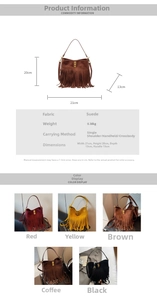 Size chart and color display for bohemian tassel shoulder bag in various suede colors