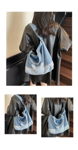 Détail du sac hobo en denim patchwork bleu avec larges bandoulières et style rétro décontracté
